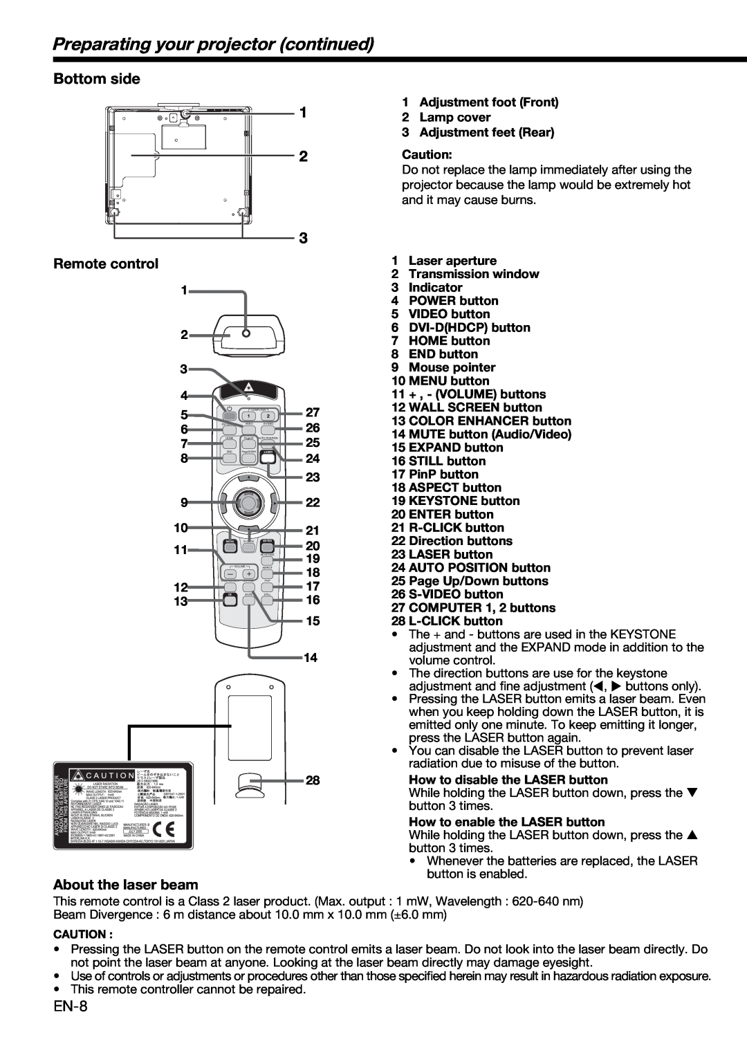 Mitsubishi Electronics XD490U user manual Preparating your projector continued, Remote control, About the laser beam 
