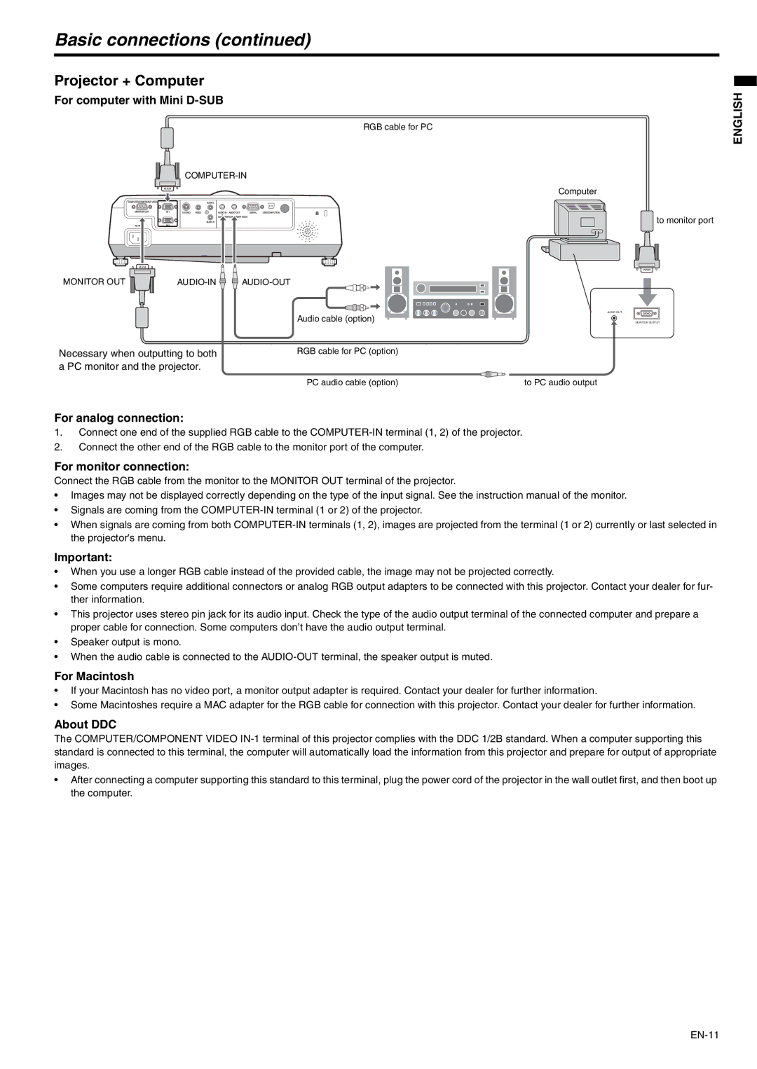 Mitsubishi Electronics XD500U-ST user manual Basic connections, Projector + Computer 