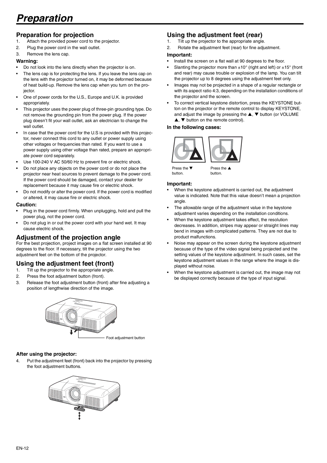 Mitsubishi Electronics XD500U-ST user manual Preparation for projection, Adjustment of the projection angle 