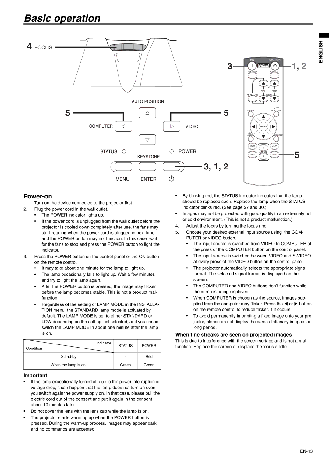 Mitsubishi Electronics XD500U-ST Basic operation, Power-on, When fine streaks are seen on projected images, Status Power 