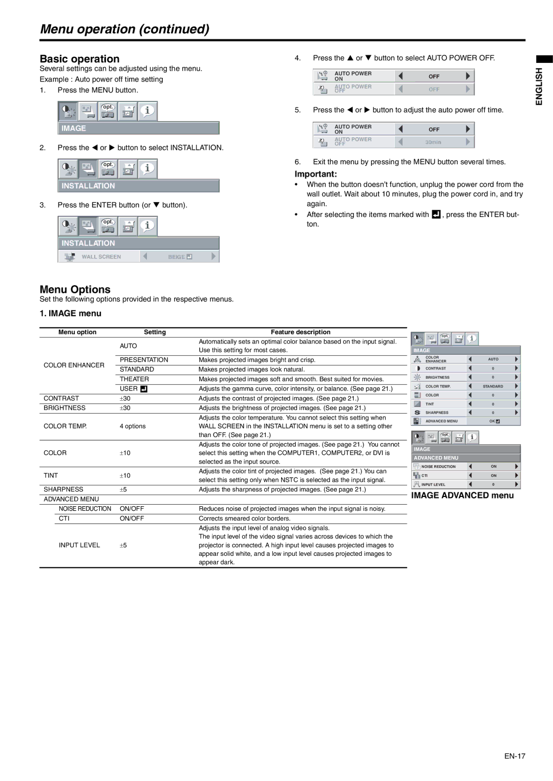 Mitsubishi Electronics XD500U-ST user manual Menu operation, Basic operation, Menu Options, Image menu, Image Advanced menu 