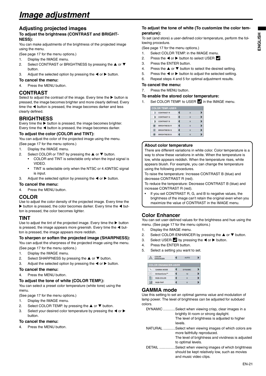 Mitsubishi Electronics XD500U-ST user manual Image adjustment, Adjusting projected images, Color Enhancer, Gamma mode 