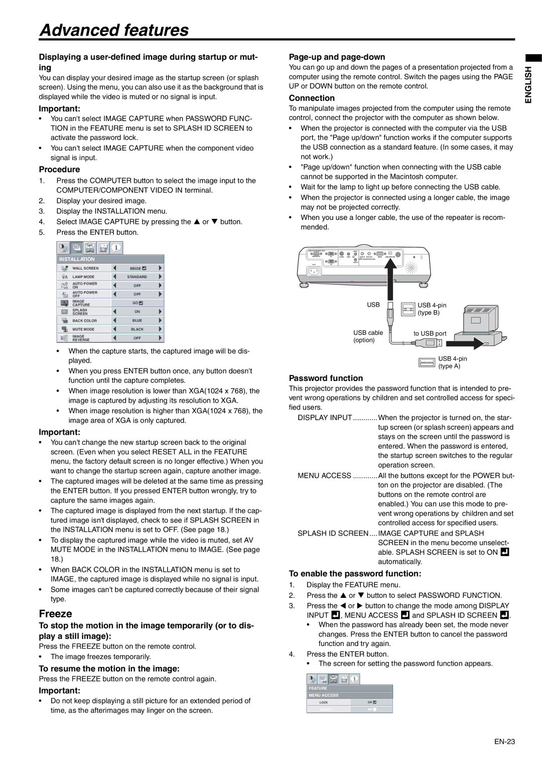 Mitsubishi Electronics XD500U-ST user manual Advanced features, Freeze 