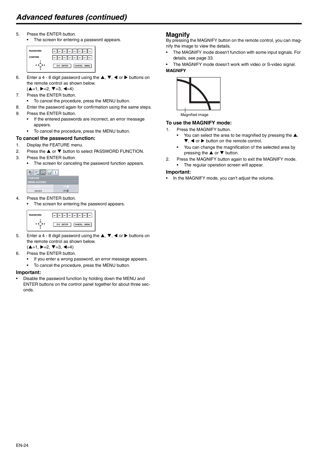 Mitsubishi Electronics XD500U-ST Advanced features, To cancel the password function, To use the Magnify mode 