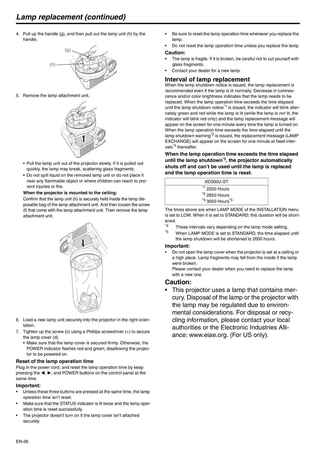 Mitsubishi Electronics XD500U-ST Lamp replacement, Interval of lamp replacement, Reset of the lamp operation time 