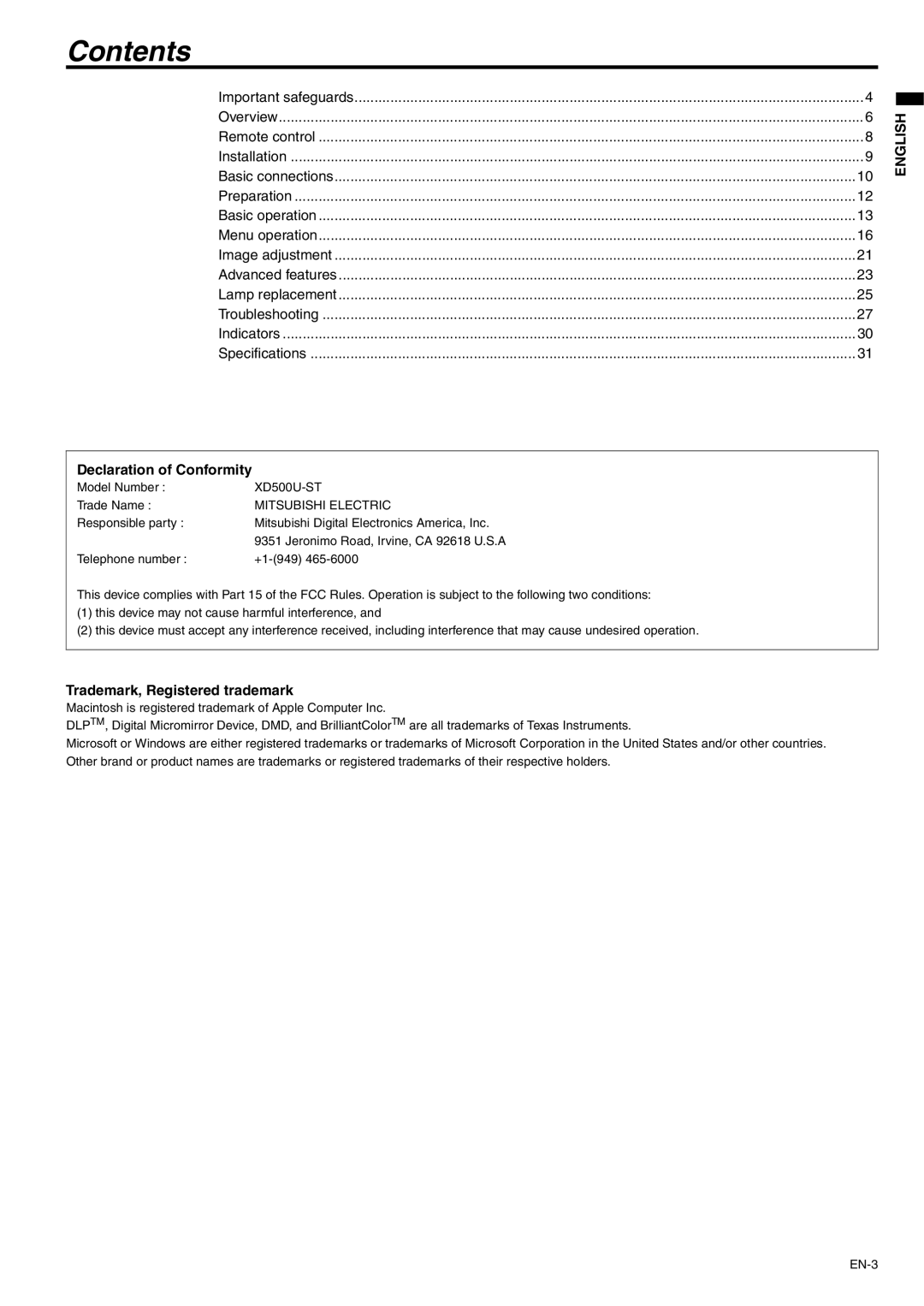 Mitsubishi Electronics XD500U-ST user manual Contents 