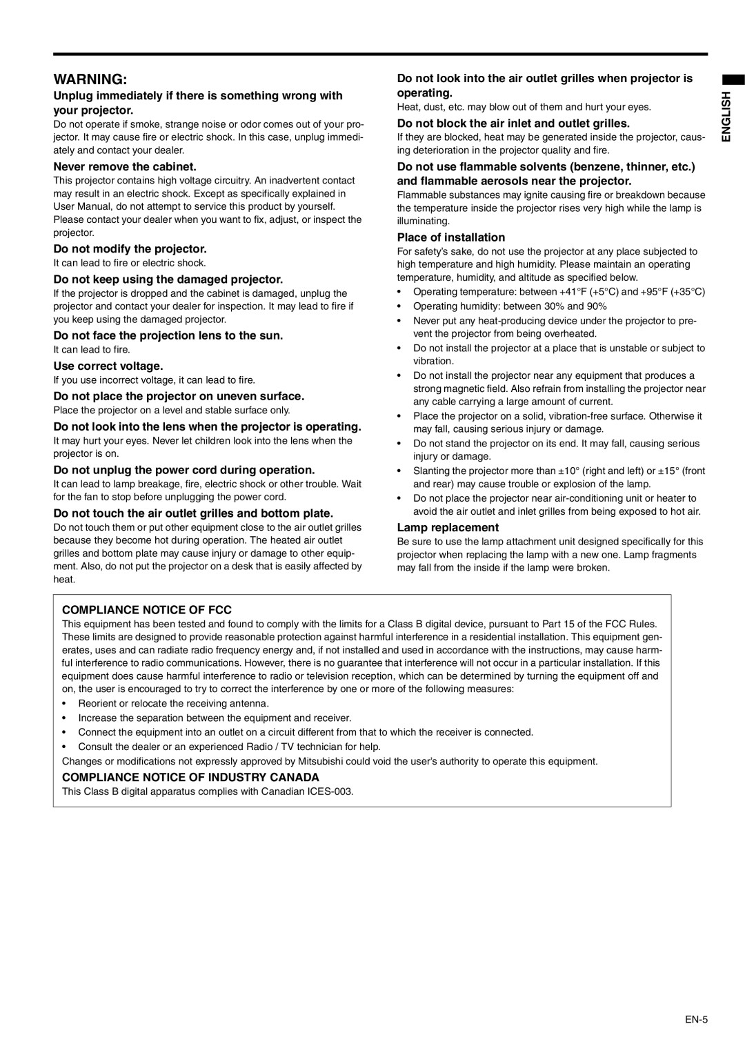 Mitsubishi Electronics XD500U-ST user manual Never remove the cabinet Do not modify the projector, Use correct voltage 