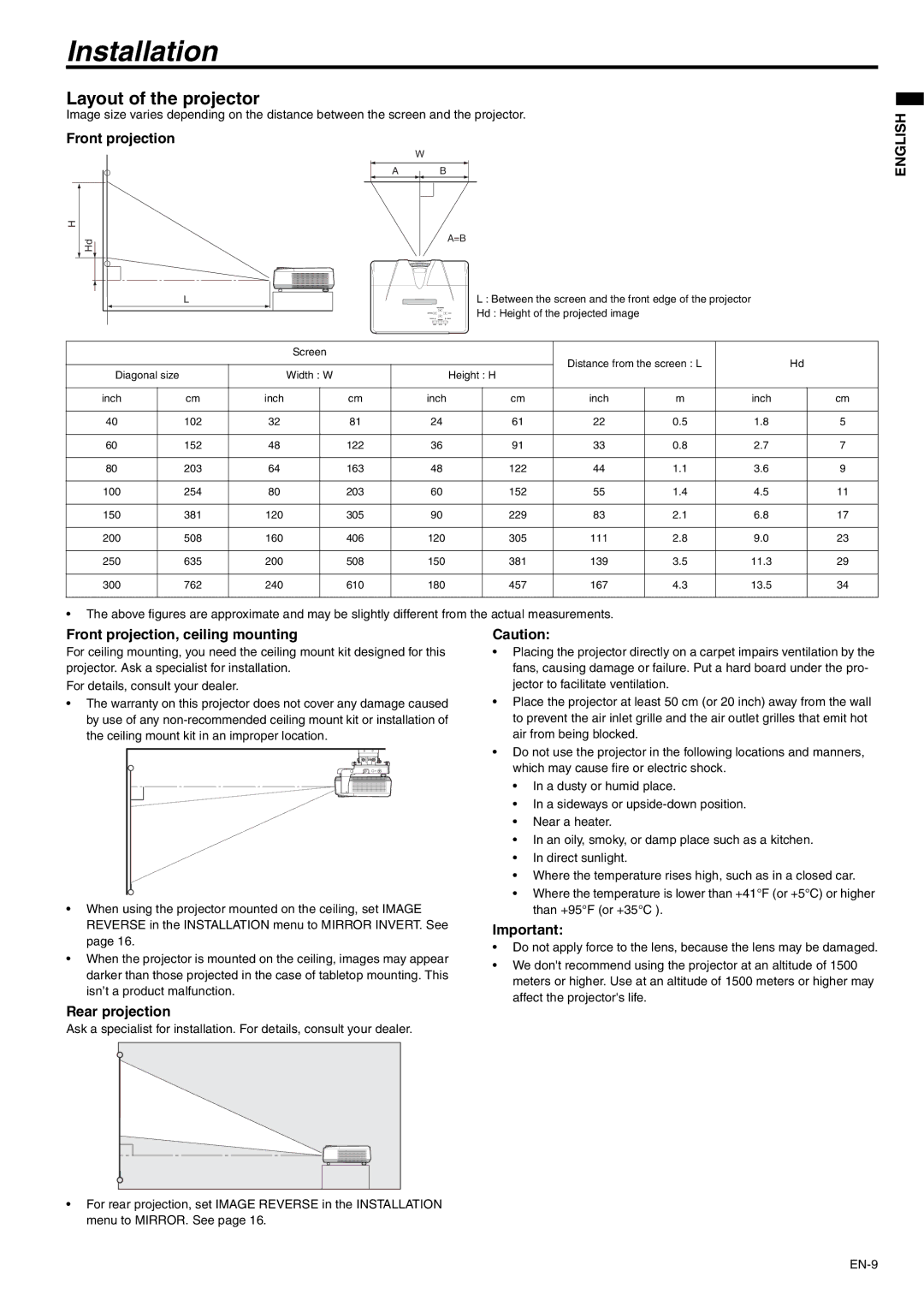 Mitsubishi Electronics XD500U-ST user manual Installation, Layout of the projector, Front projection, Rear projection 