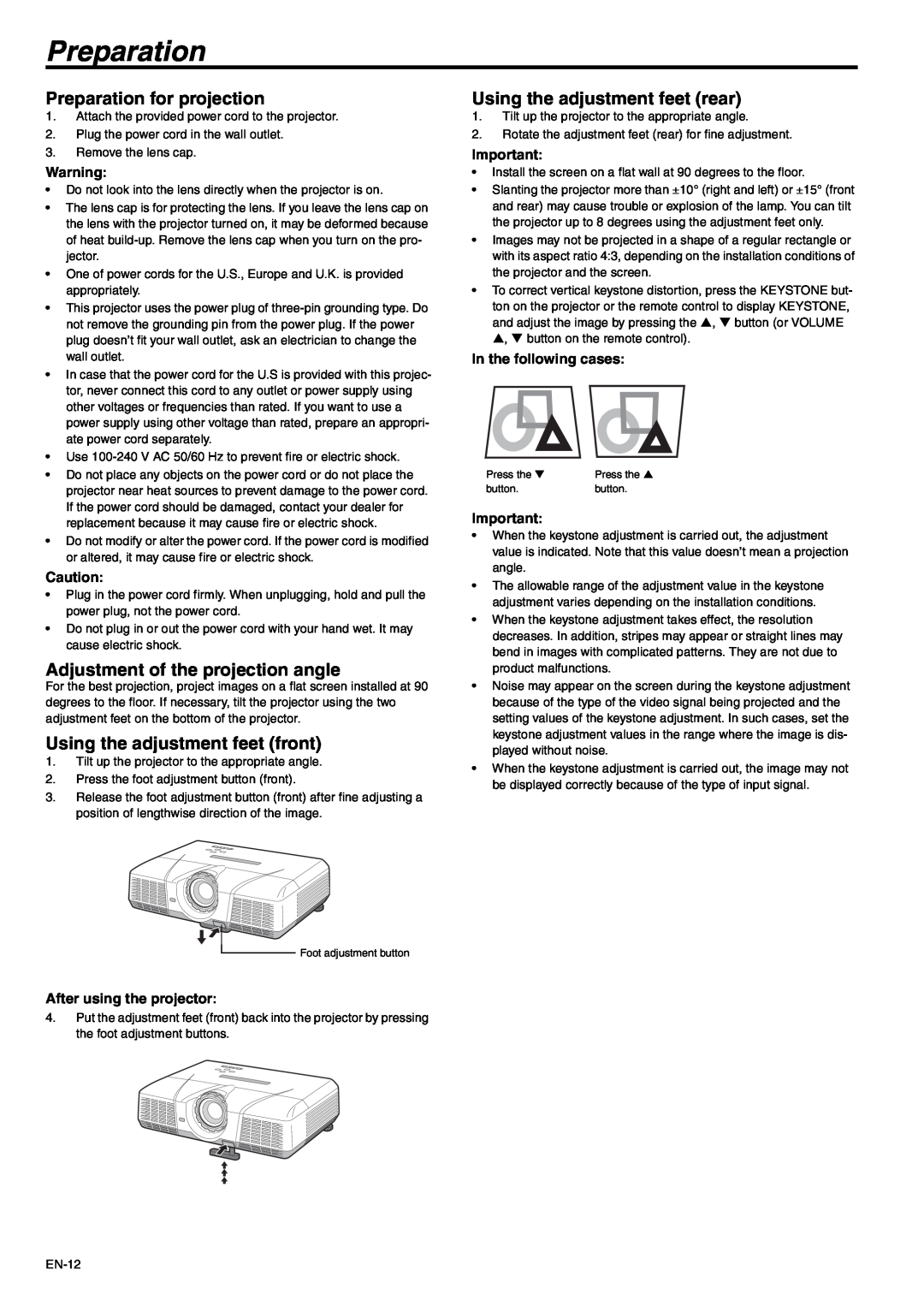 Mitsubishi Electronics XD500U-ST user manual Preparation for projection, Adjustment of the projection angle 