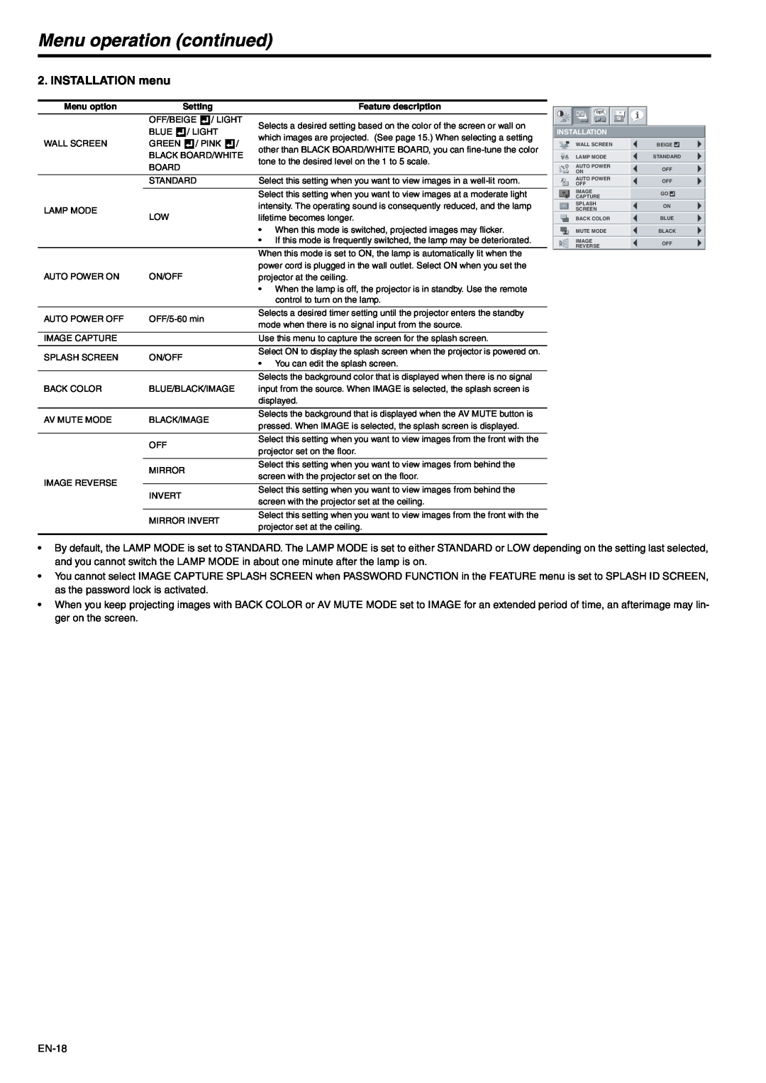 Mitsubishi Electronics XD500U-ST user manual INSTALLATION menu, Menu operation continued 
