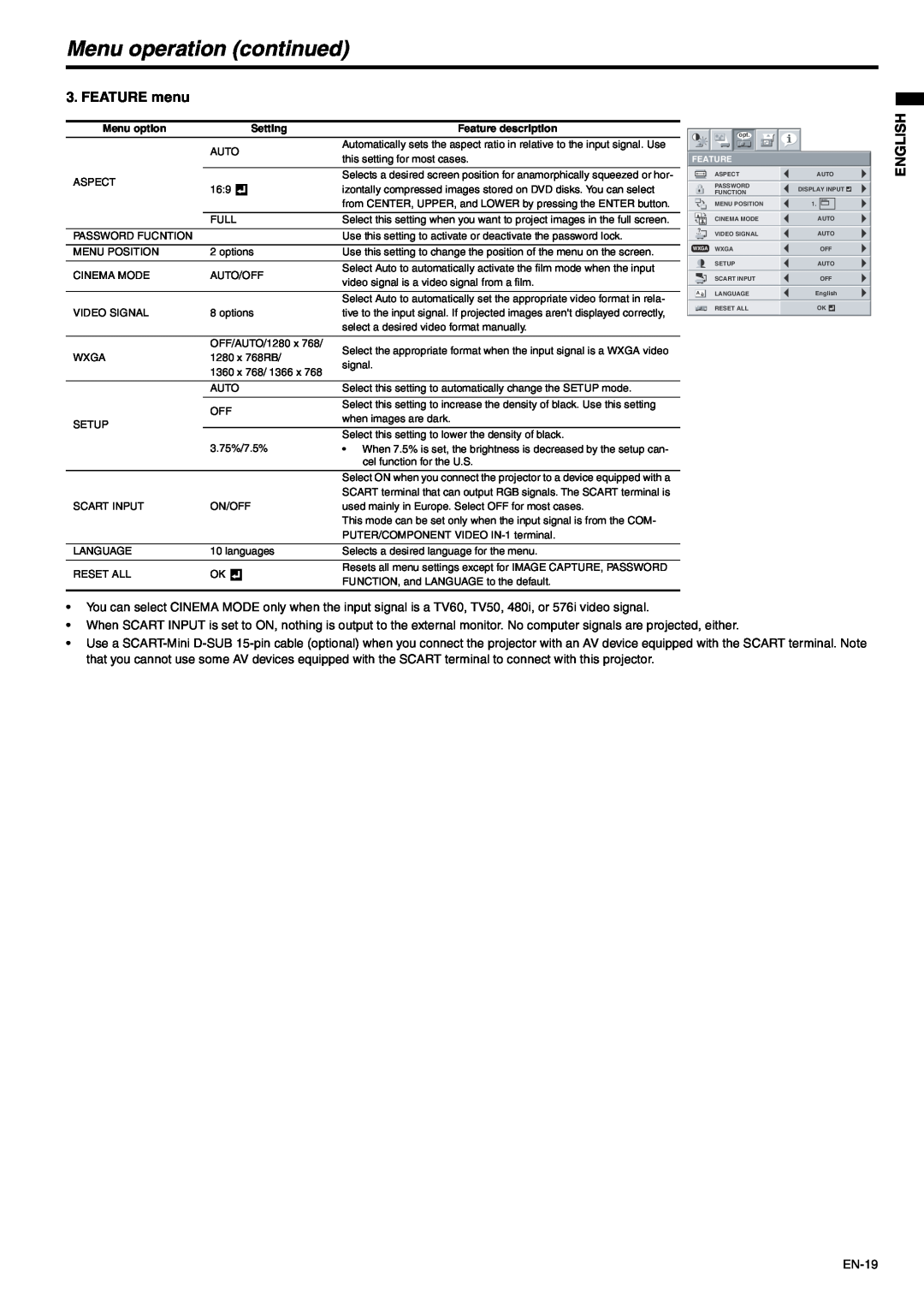 Mitsubishi Electronics XD500U-ST user manual FEATURE menu, Menu operation continued, English, EN-19 
