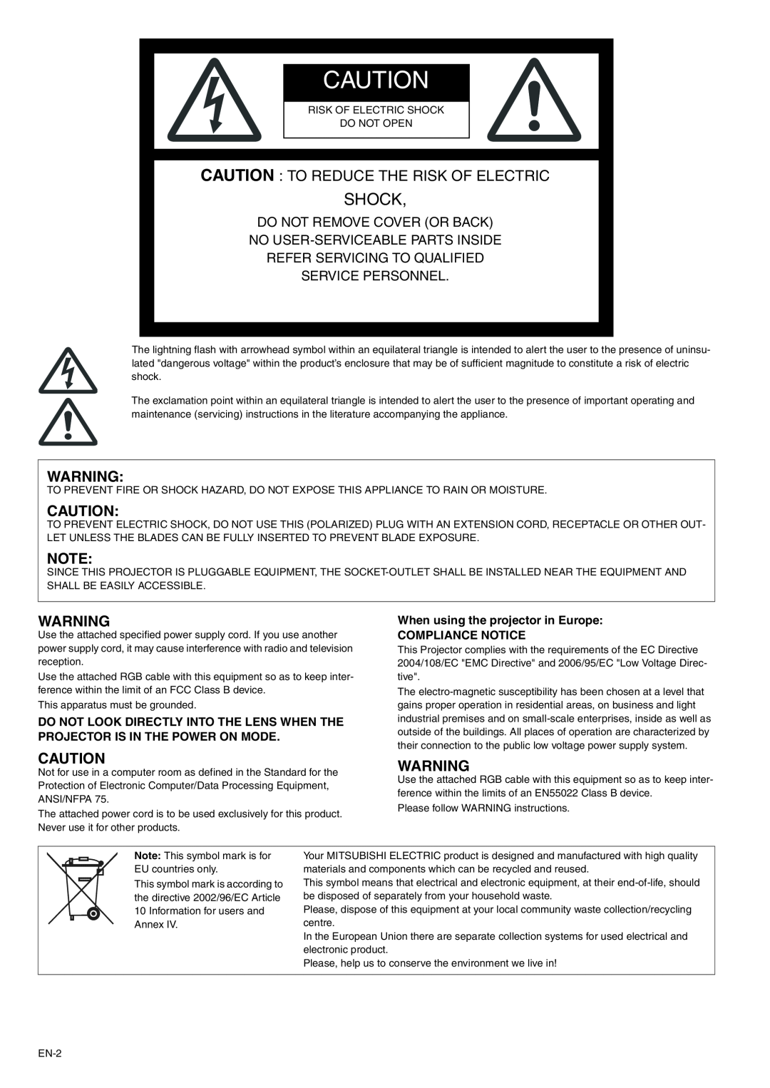 Mitsubishi Electronics XD500U-ST user manual Caution To Reduce The Risk Of Electric, Shock 