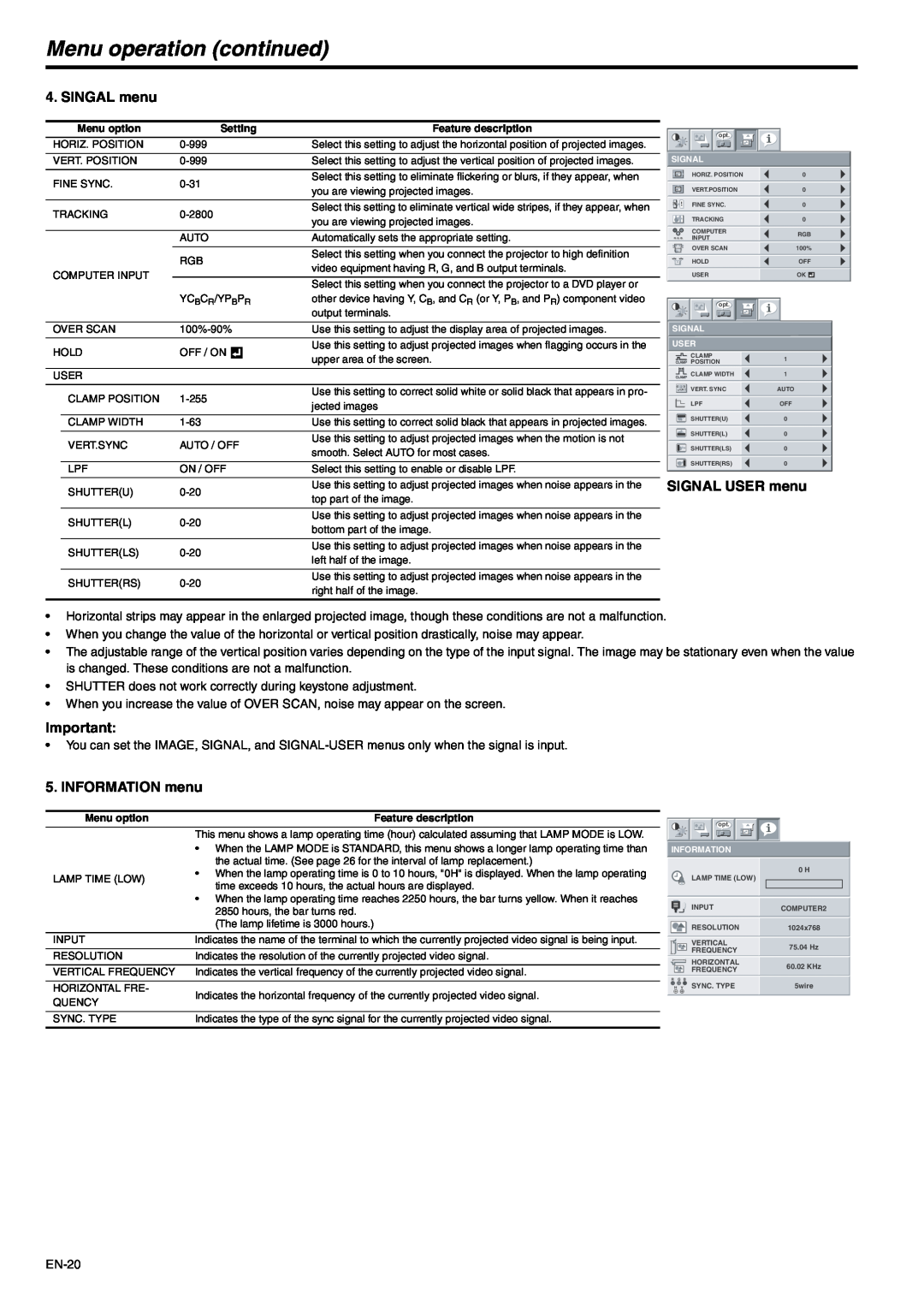 Mitsubishi Electronics XD500U-ST user manual SINGAL menu, SIGNAL USER menu, INFORMATION menu, Menu operation continued 