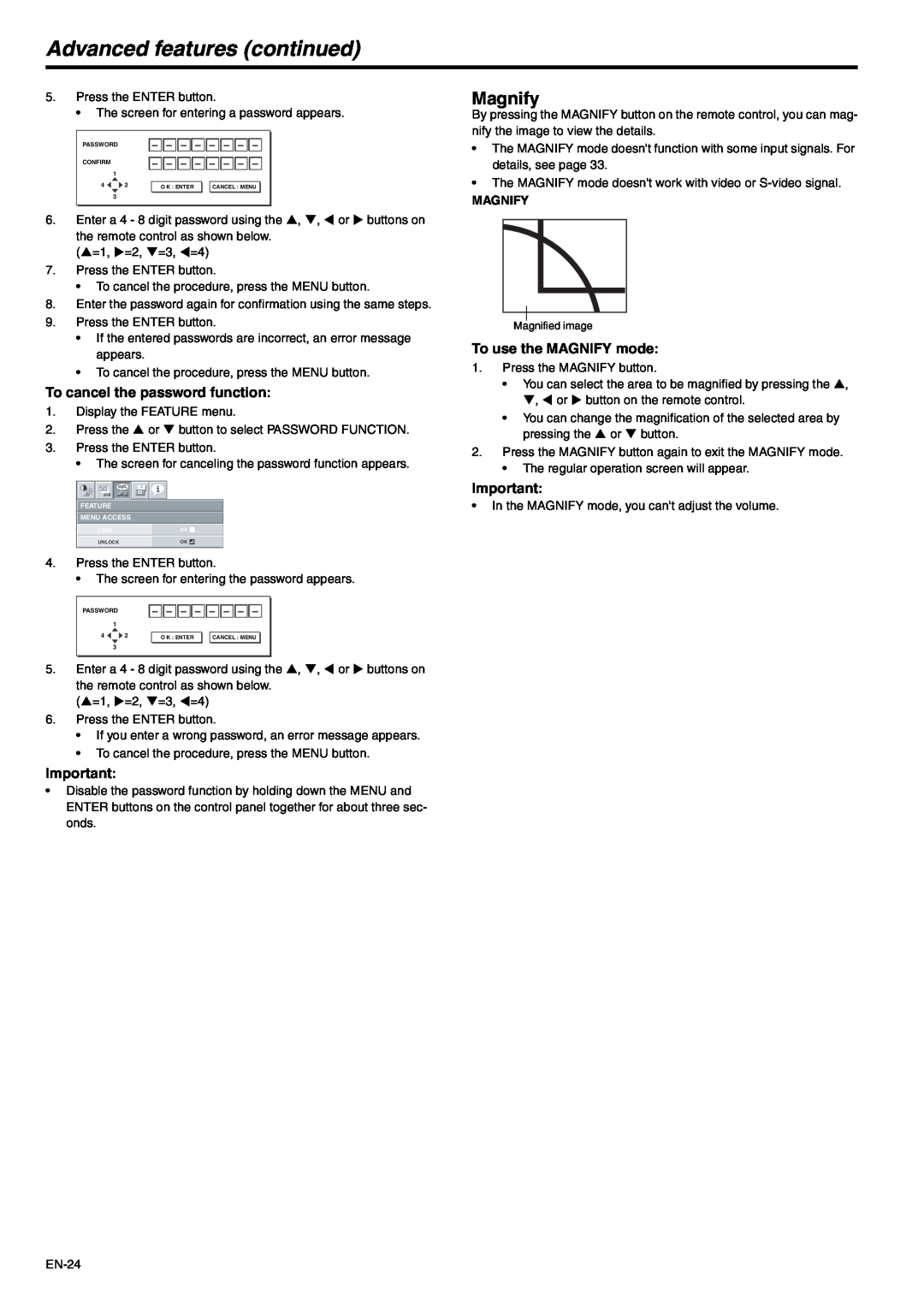 Mitsubishi Electronics XD500U-ST user manual Advanced features continued, Magnify, To cancel the password function 