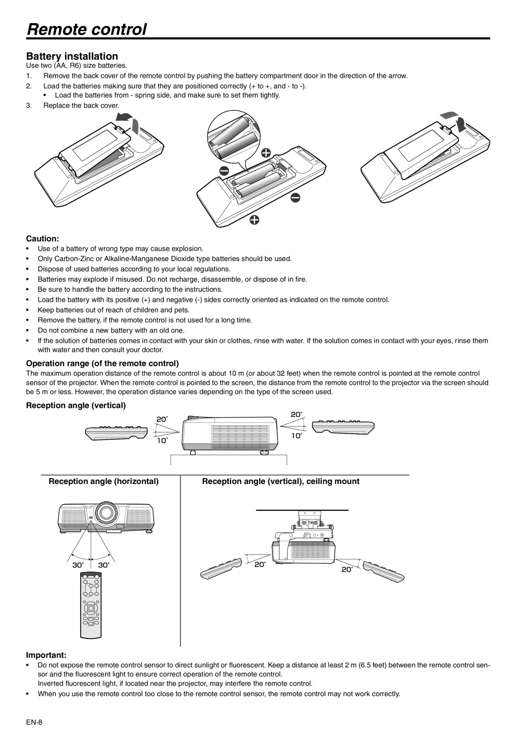 Mitsubishi Electronics XD500U-ST user manual Remote control, Battery installation, Operation range of the remote control 
