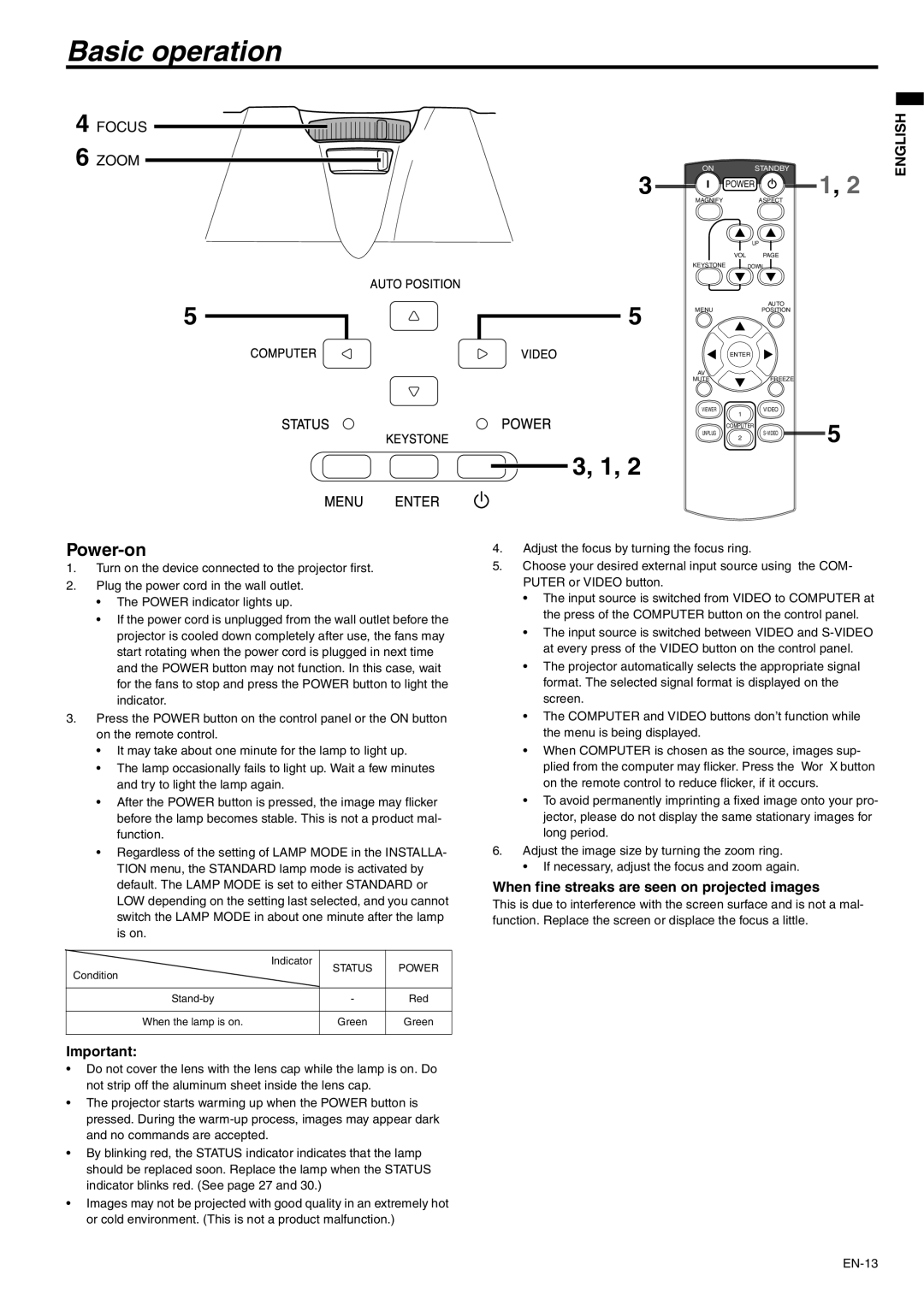 Mitsubishi Electronics XD500U Basic operation, Power-on, When fine streaks are seen on projected images, Status Power 