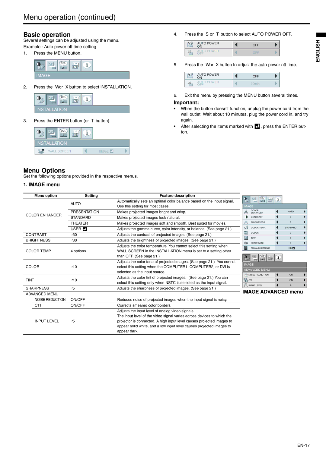 Mitsubishi Electronics XD500U user manual Menu operation, Basic operation, Menu Options, Image menu, Image Advanced menu 