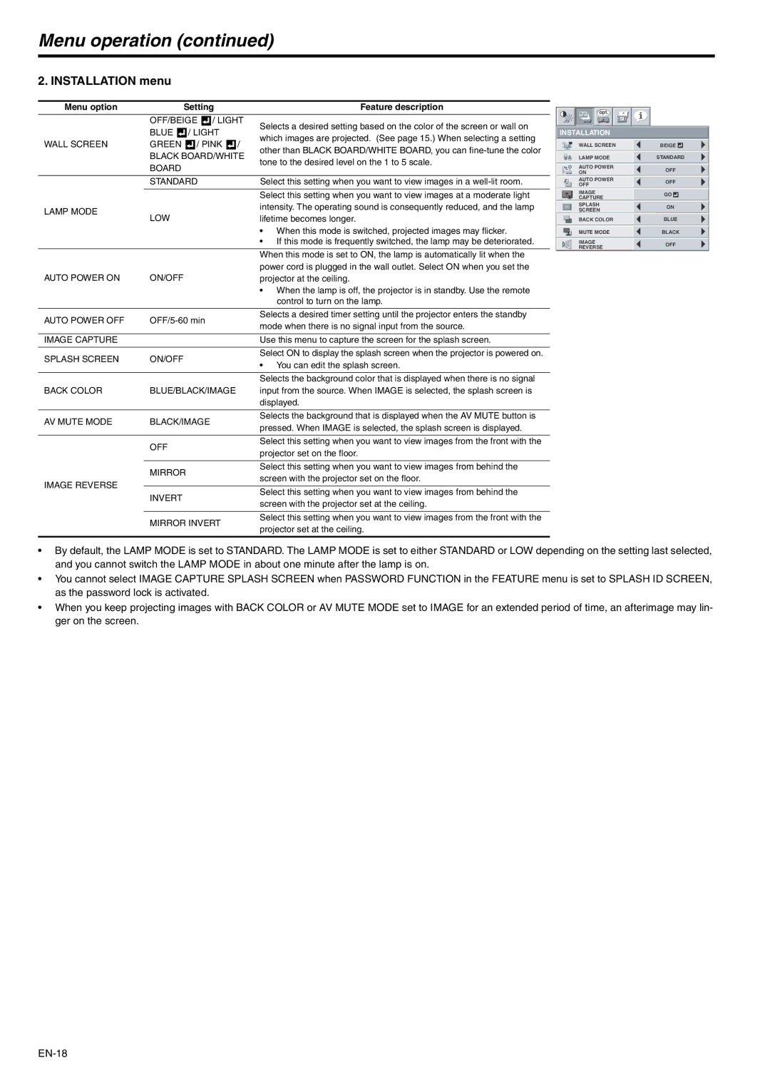 Mitsubishi Electronics XD500U user manual Installation menu 