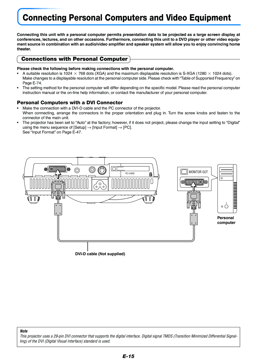 Mitsubishi Electronics XD50U user manual Connections with Personal Computer, Personal Computers with a DVI Connector 