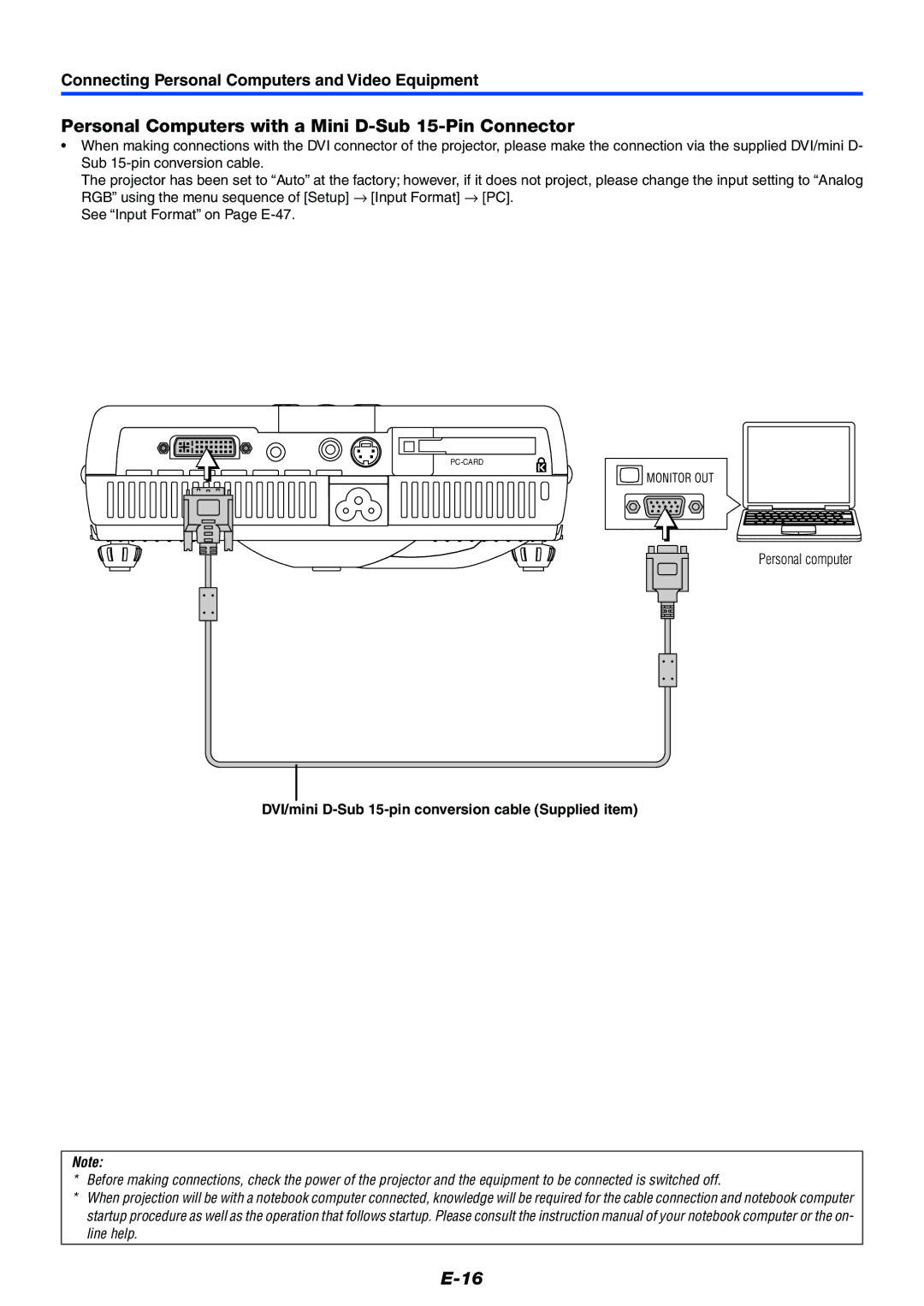 Mitsubishi Electronics XD50U user manual Personal Computers with a Mini D-Sub 15-Pin Connector, Personal computer 