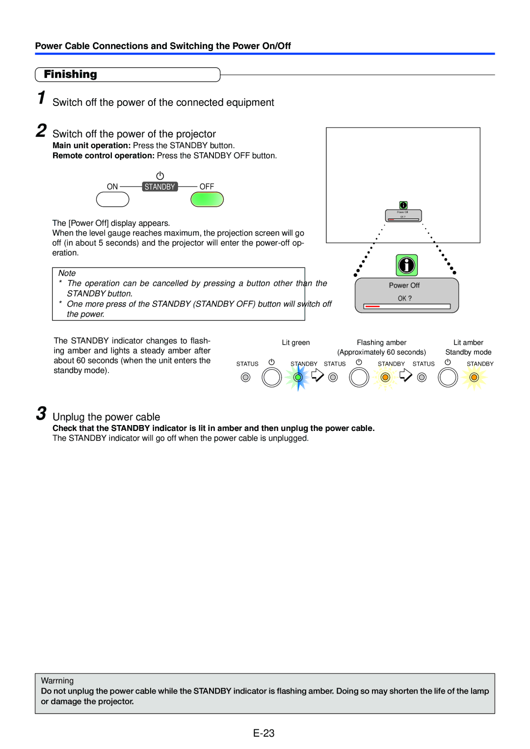 Mitsubishi Electronics XD50U Finishing, Unplug the power cable, Standby indicator changes to flash, Standby mode 