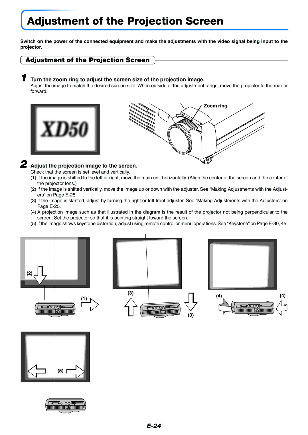 Mitsubishi Electronics XD50U Adjustment of the Projection Screen, Adjust the projection image to the screen, Zoom ring 