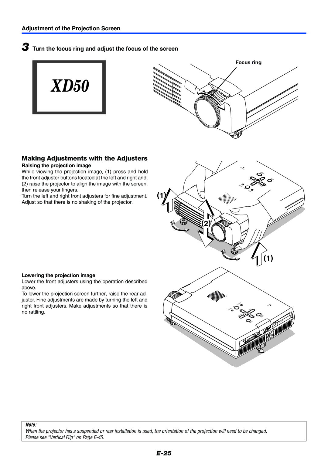 Mitsubishi Electronics XD50U user manual Making Adjustments with the Adjusters, Focus ring, Raising the projection image 