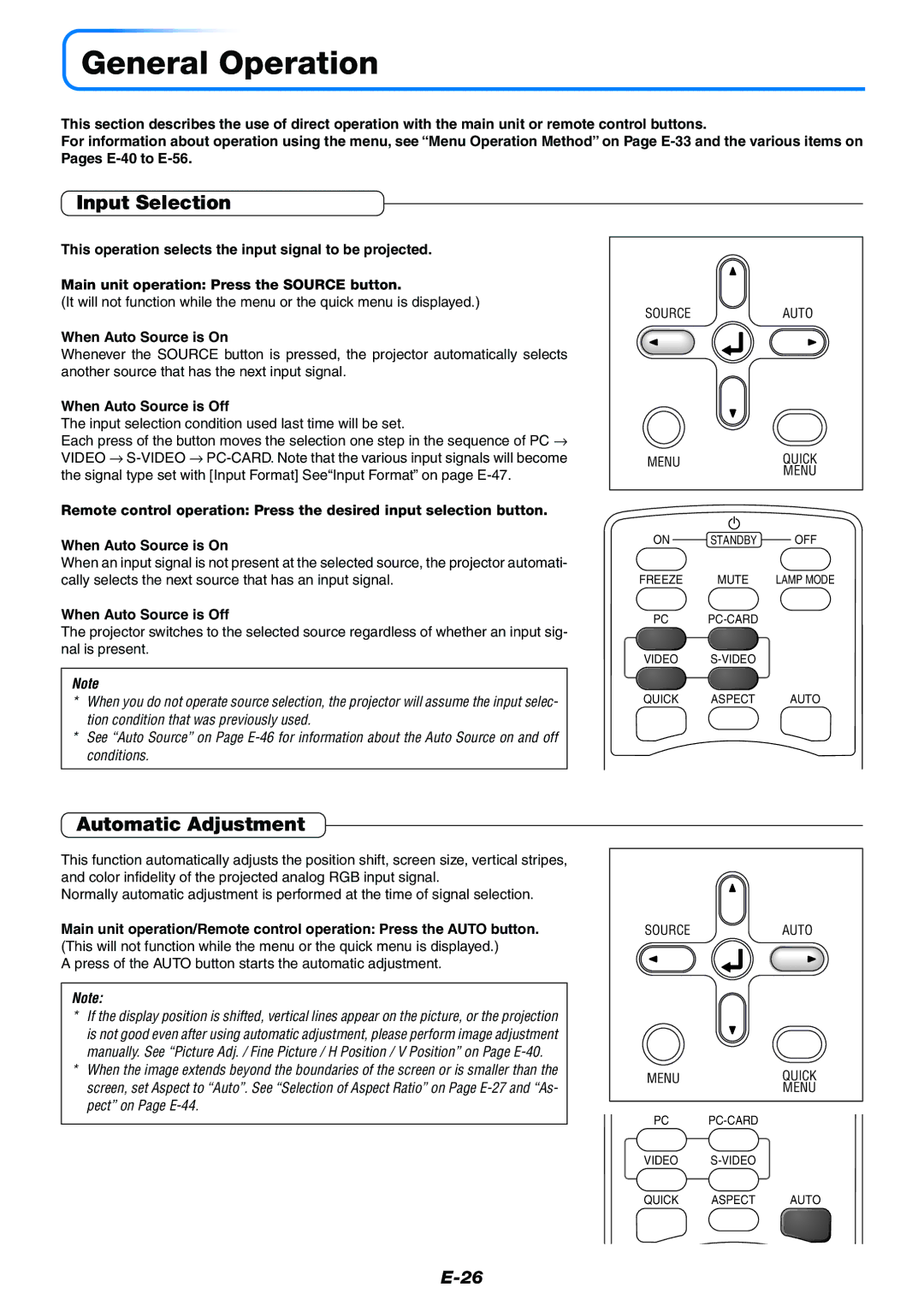 Mitsubishi Electronics XD50U user manual General Operation, Input Selection, Automatic Adjustment, When Auto Source is On 