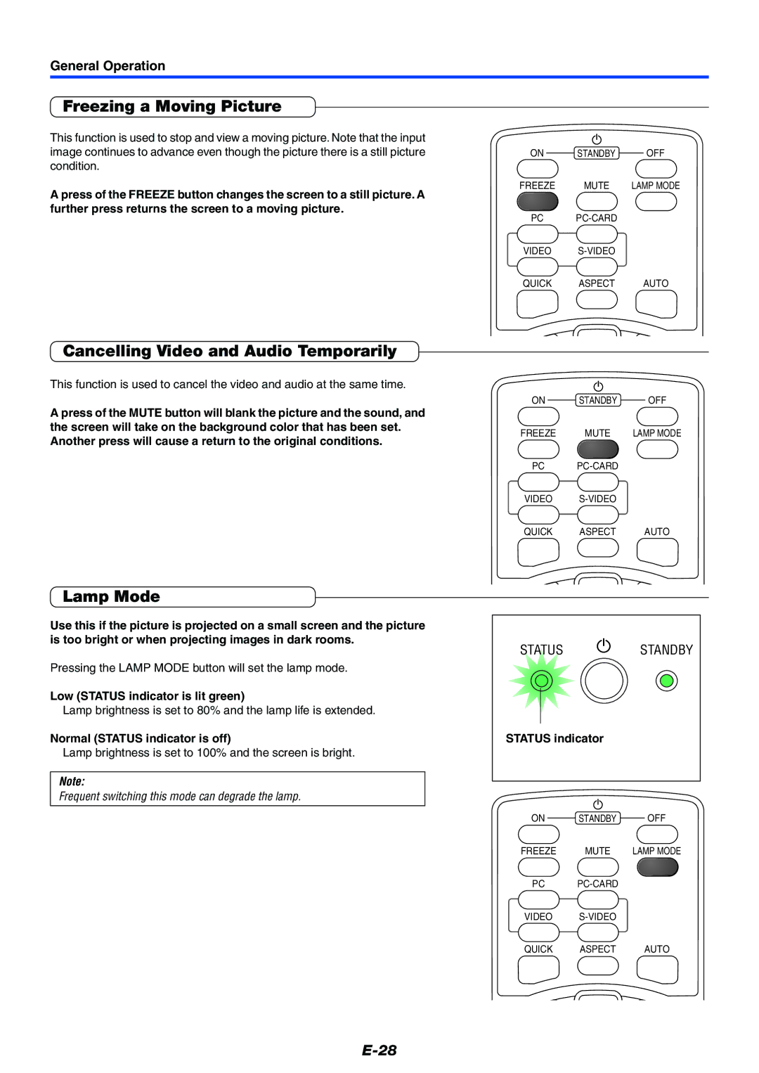 Mitsubishi Electronics XD50U user manual Freezing a Moving Picture, Cancelling Video and Audio Temporarily, Lamp Mode 