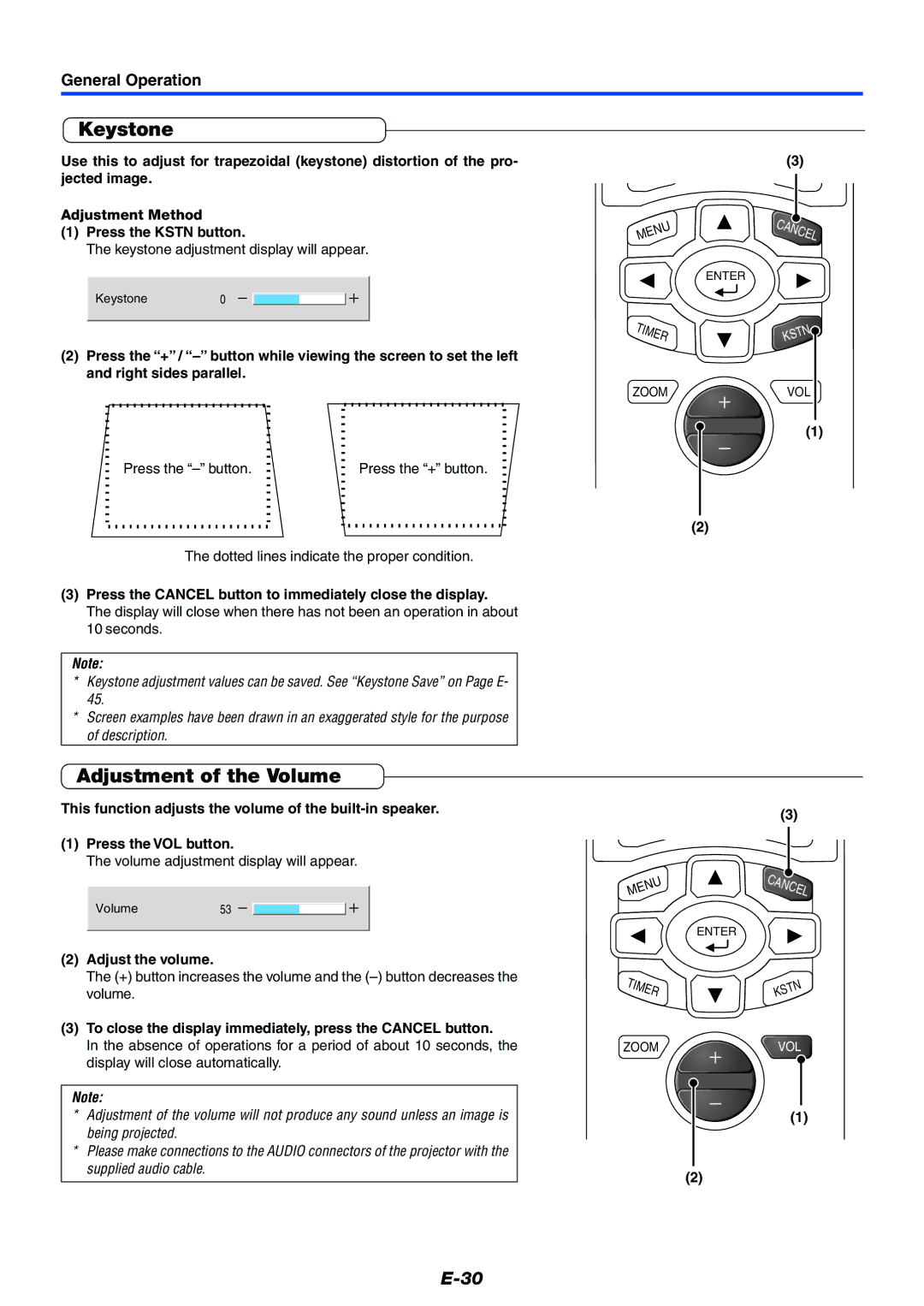 Mitsubishi Electronics XD50U user manual Keystone, Adjustment of the Volume, Adjust the volume 