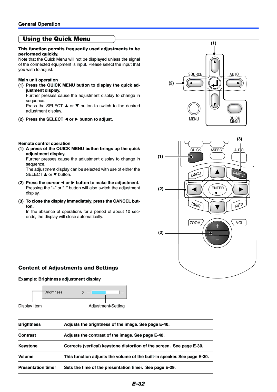 Mitsubishi Electronics XD50U user manual Using the Quick Menu, Content of Adjustments and Settings, Volume 