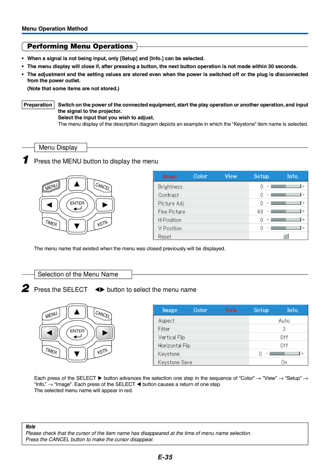 Mitsubishi Electronics XD50U user manual Performing Menu Operations, Menu Display Press the Menu button to display the menu 