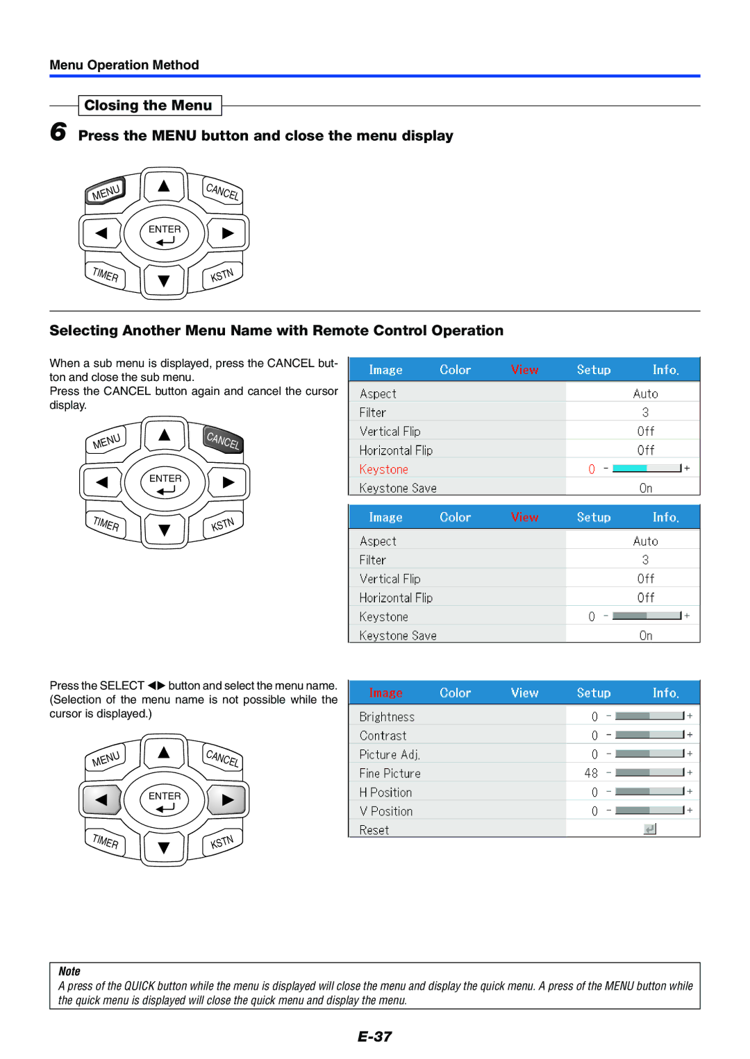 Mitsubishi Electronics XD50U user manual Selecting Another Menu Name with Remote Control Operation 