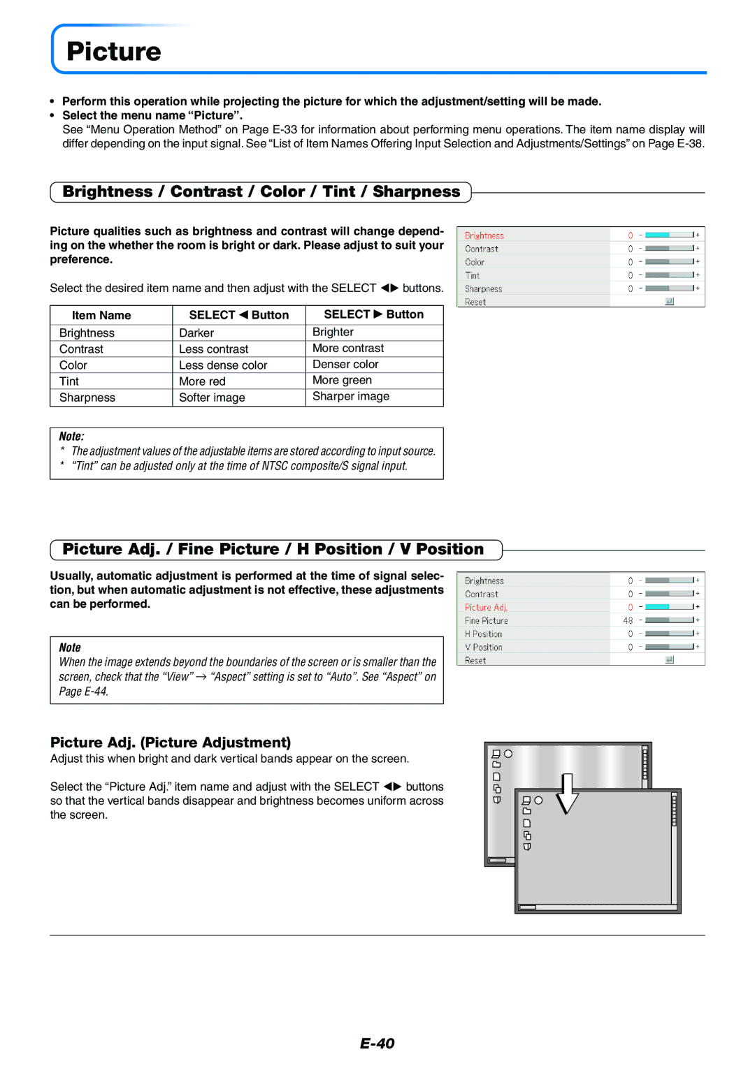 Mitsubishi Electronics XD50U Brightness / Contrast / Color / Tint / Sharpness, Picture Adj. Picture Adjustment 