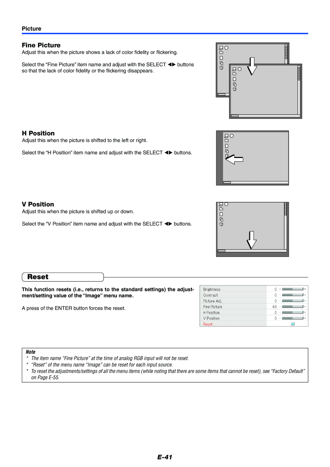 Mitsubishi Electronics XD50U user manual Reset, Fine Picture, Position, Press of the Enter button forces the reset 