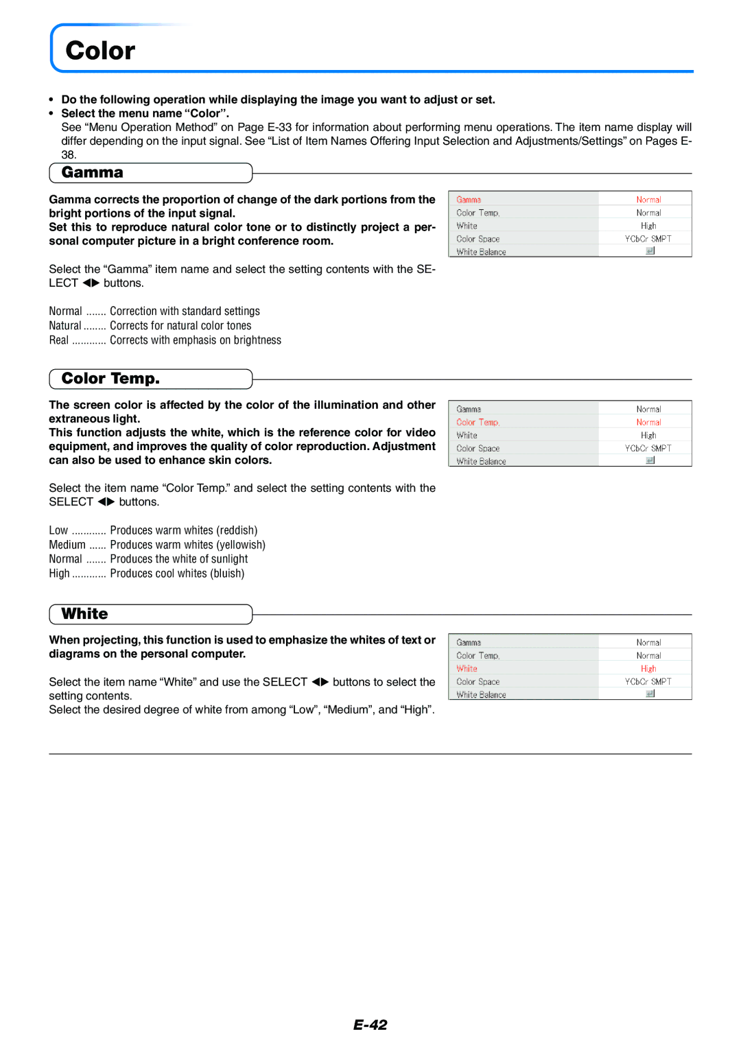 Mitsubishi Electronics XD50U user manual Gamma, Color Temp, White 