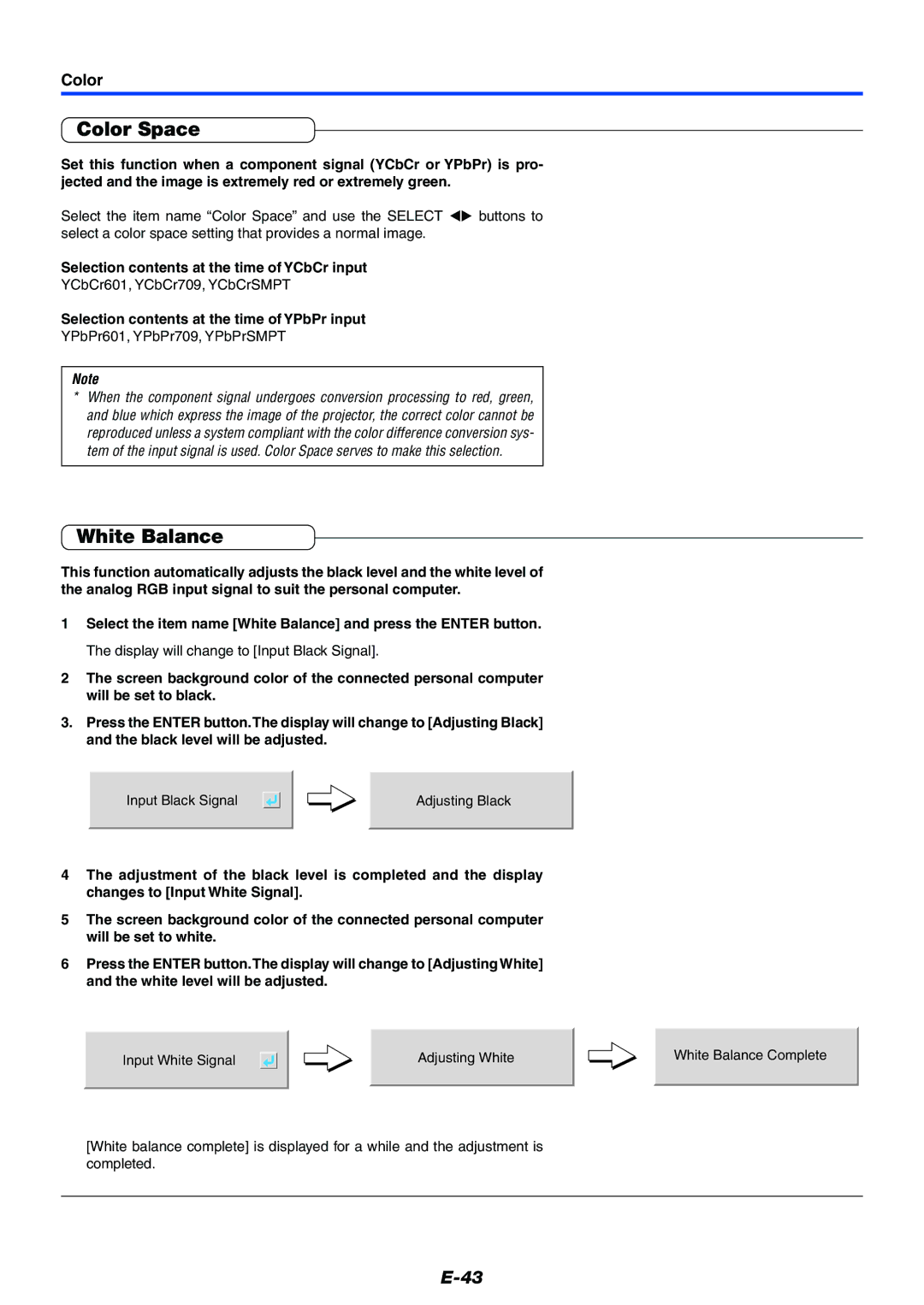 Mitsubishi Electronics XD50U user manual Color Space, White Balance, Selection contents at the time of YCbCr input 