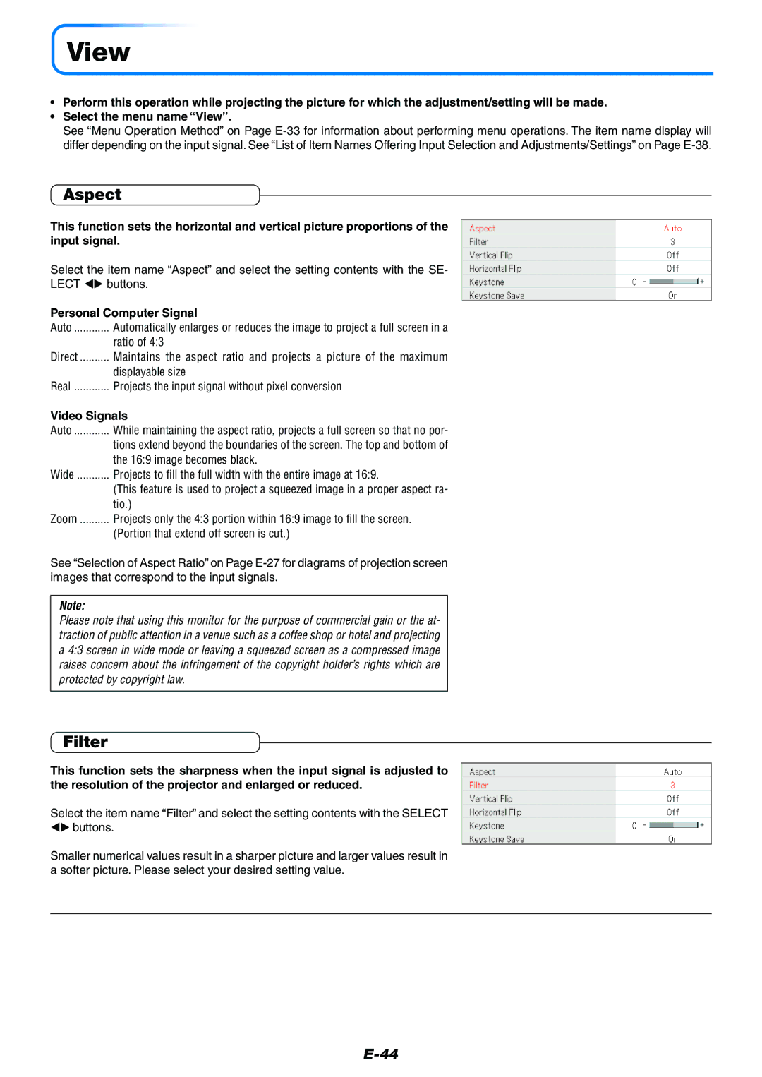 Mitsubishi Electronics XD50U user manual View, Aspect, Filter, Video Signals 