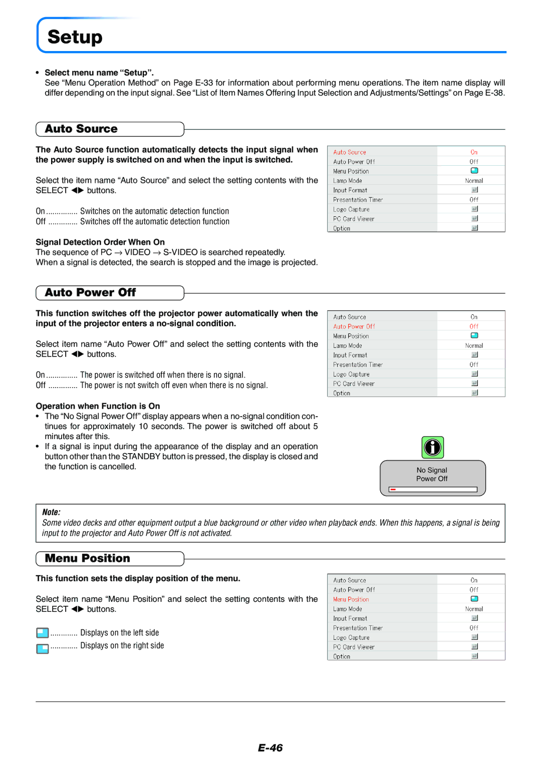 Mitsubishi Electronics XD50U user manual Setup, Auto Source, Auto Power Off, Menu Position 