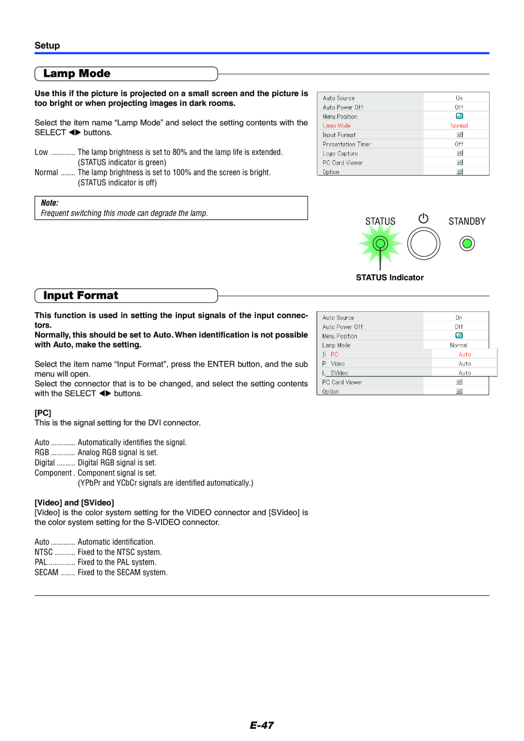 Mitsubishi Electronics XD50U user manual Input Format, Setup, Video and SVideo 