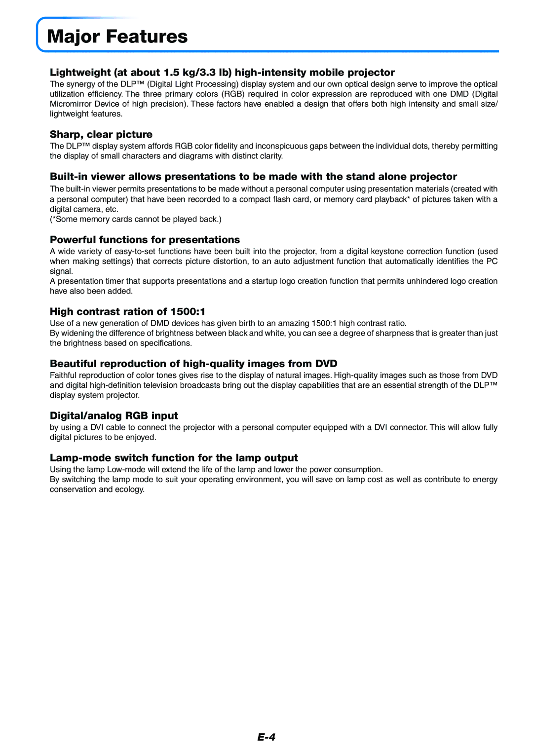 Mitsubishi Electronics XD50U user manual Major Features 