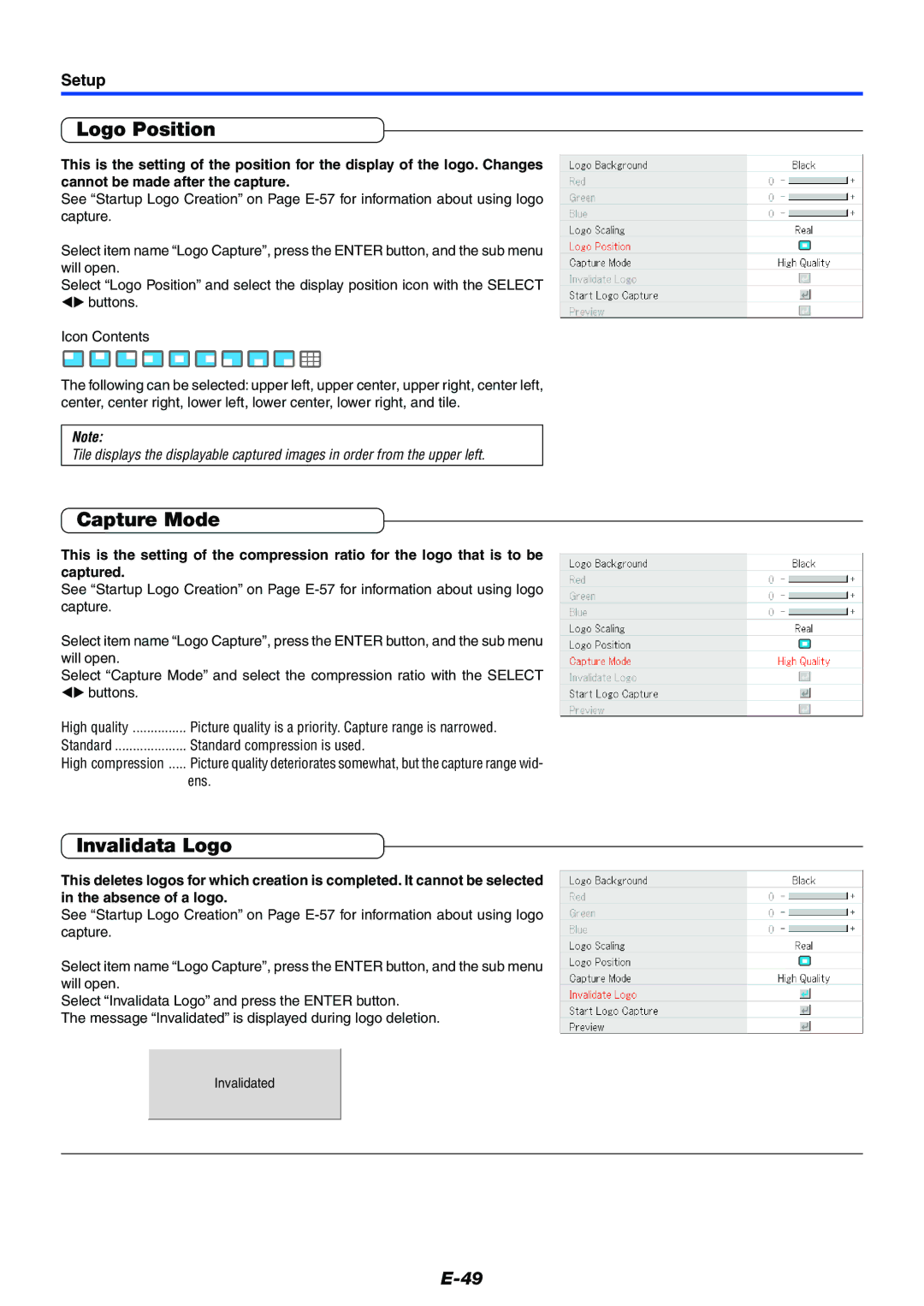 Mitsubishi Electronics XD50U user manual Logo Position, Capture Mode, Invalidata Logo 