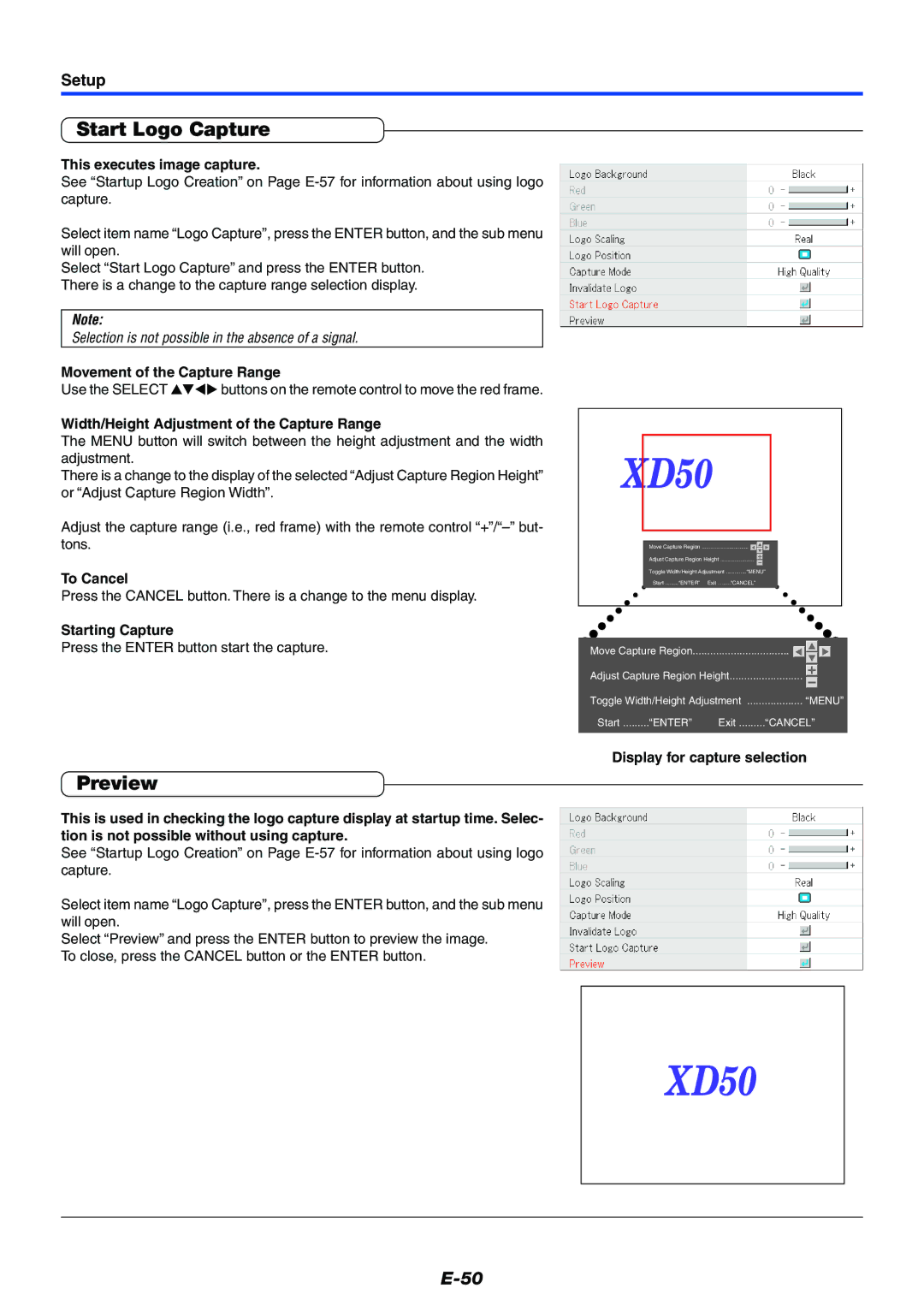 Mitsubishi Electronics XD50U user manual Start Logo Capture, Preview 