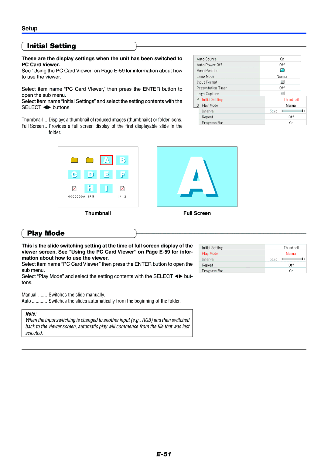 Mitsubishi Electronics XD50U user manual Initial Setting, Play Mode, Folder, Thumbnail, Switches the slide manually 