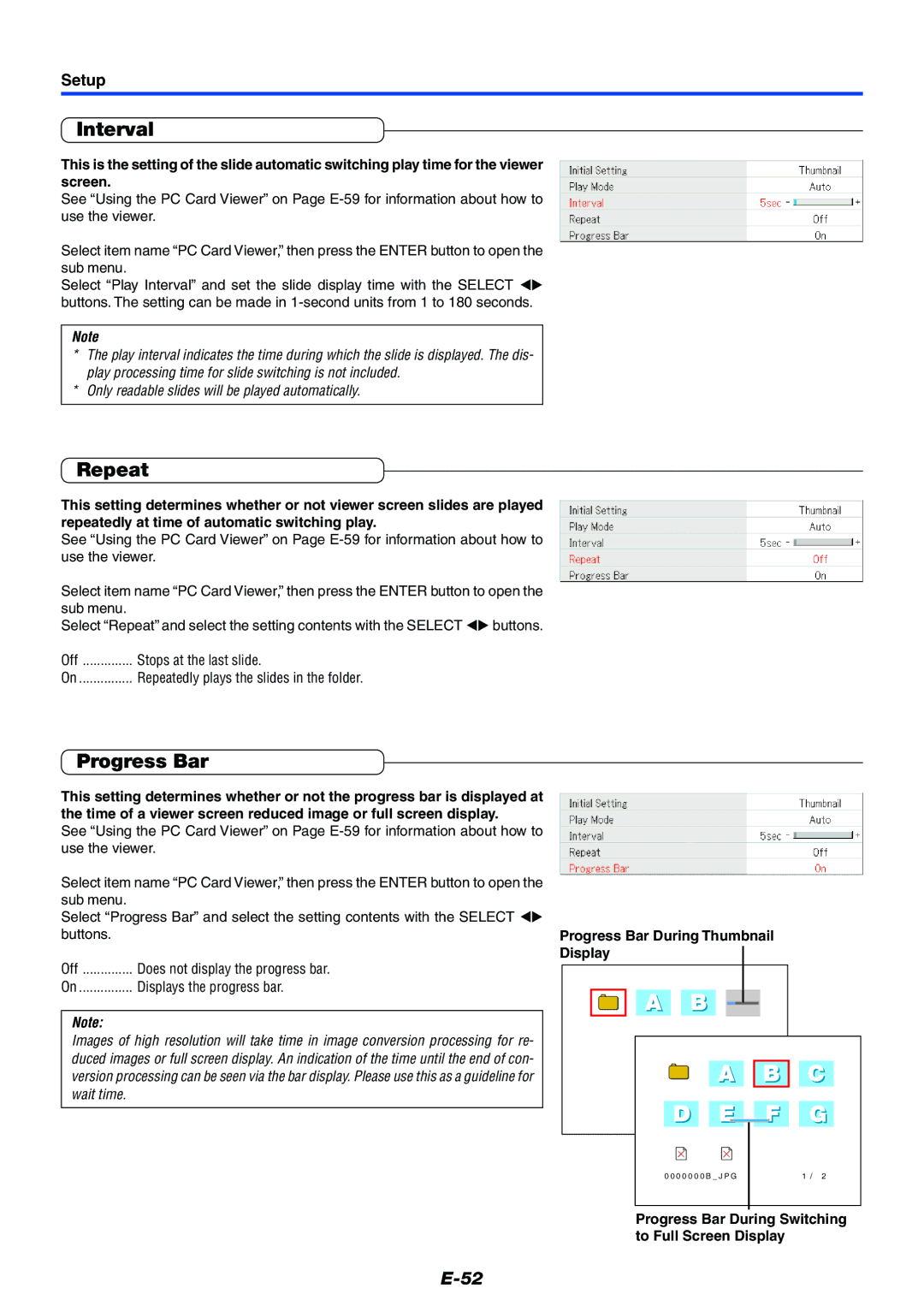 Mitsubishi Electronics XD50U user manual Interval, Repeat, Progress Bar During Thumbnail Display 