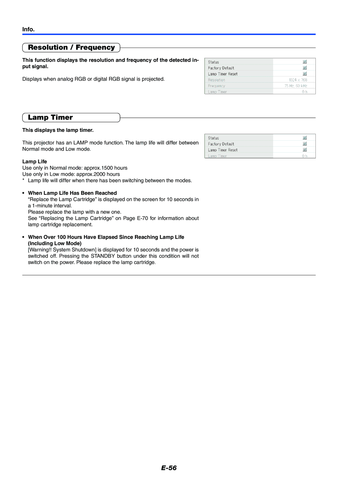 Mitsubishi Electronics XD50U user manual Resolution / Frequency, Lamp Timer, Info 