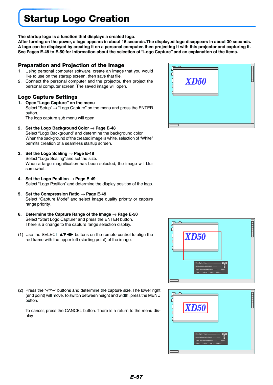 Mitsubishi Electronics XD50U Startup Logo Creation, Preparation and Projection of the Image, Logo Capture Settings 