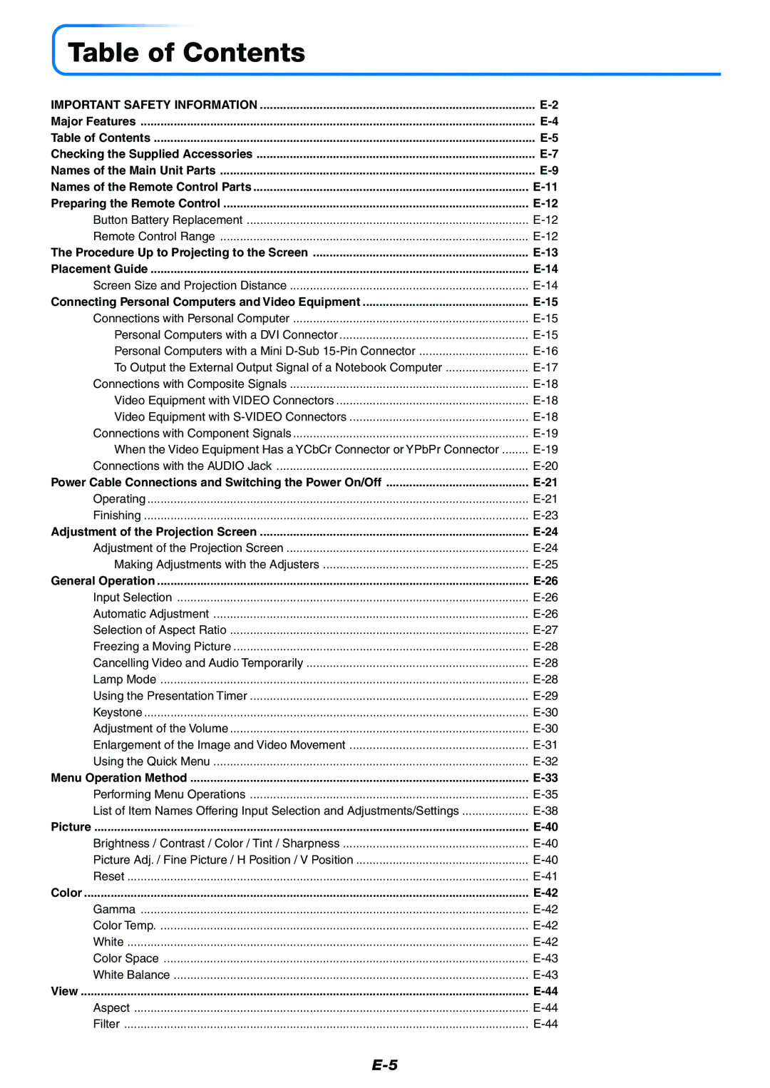 Mitsubishi Electronics XD50U user manual Table of Contents 