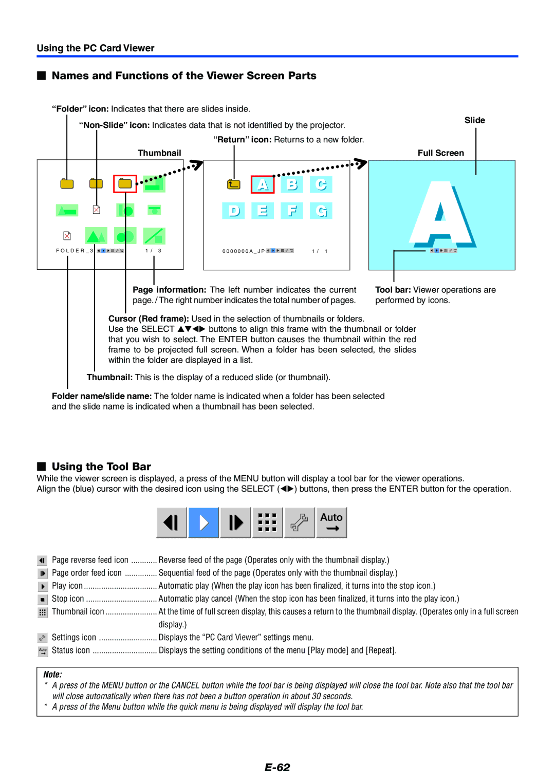 Mitsubishi Electronics XD50U user manual  Names and Functions of the Viewer Screen Parts,  Using the Tool Bar, Slide 