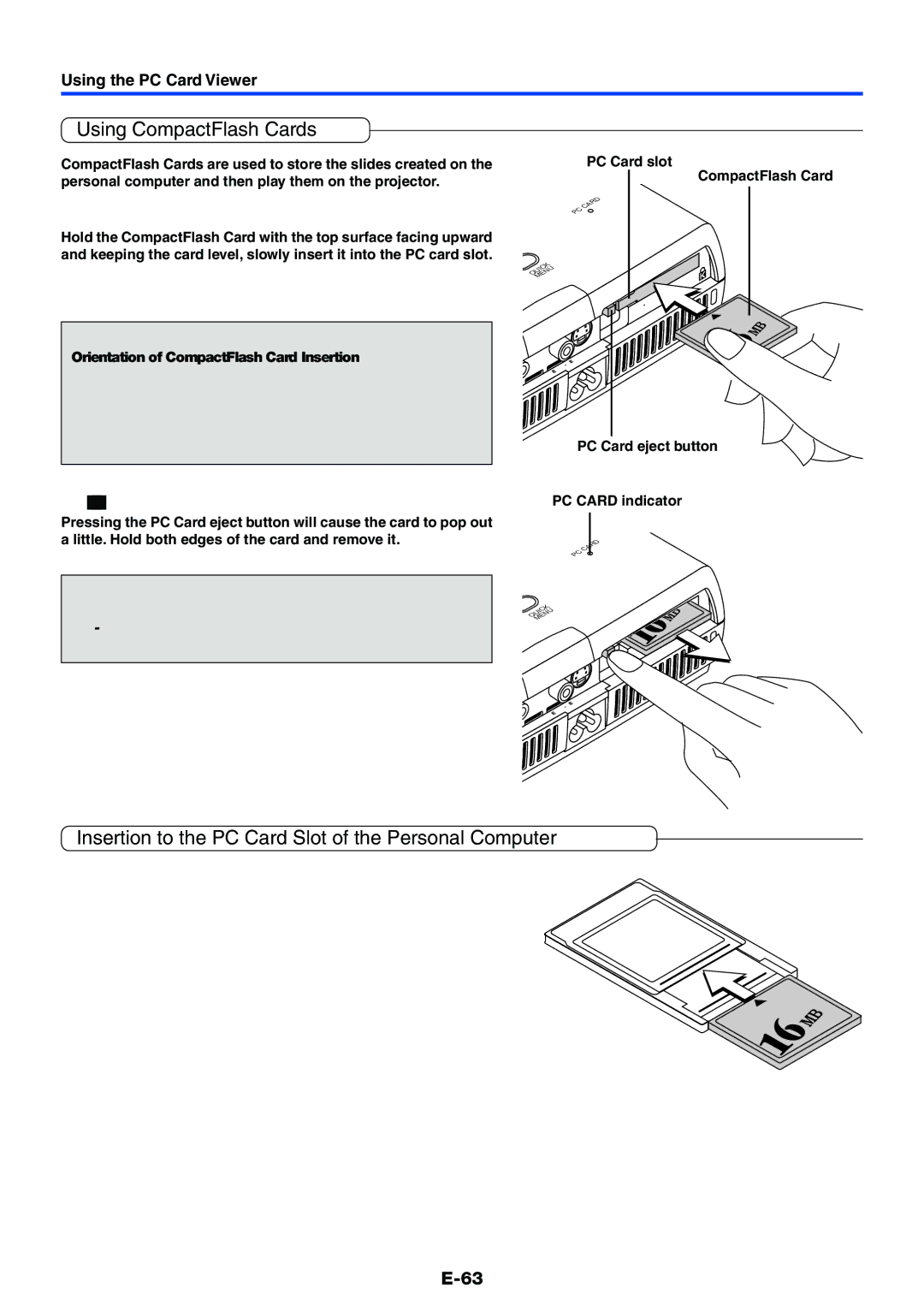 Mitsubishi Electronics XD50U user manual Using CompactFlash Cards, Insertion to the PC Card Slot of the Personal Computer 